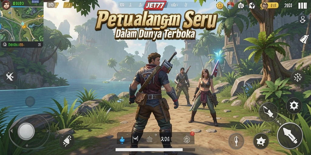 Screenshot gameplay JET77 menampilkan eksplorasi dunia terbuka.