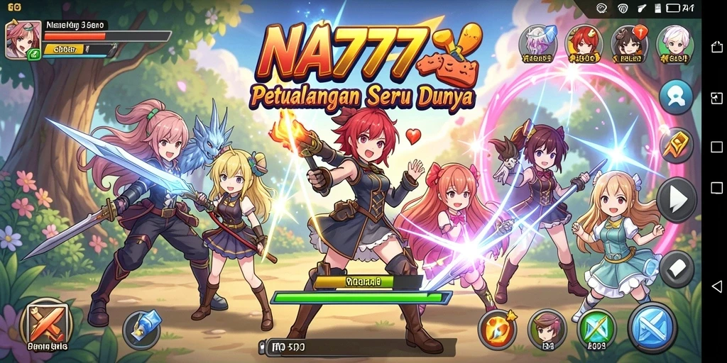 Tangkapan layar gameplay NA777 menampilkan karakter anime dalam pertempuran epik.